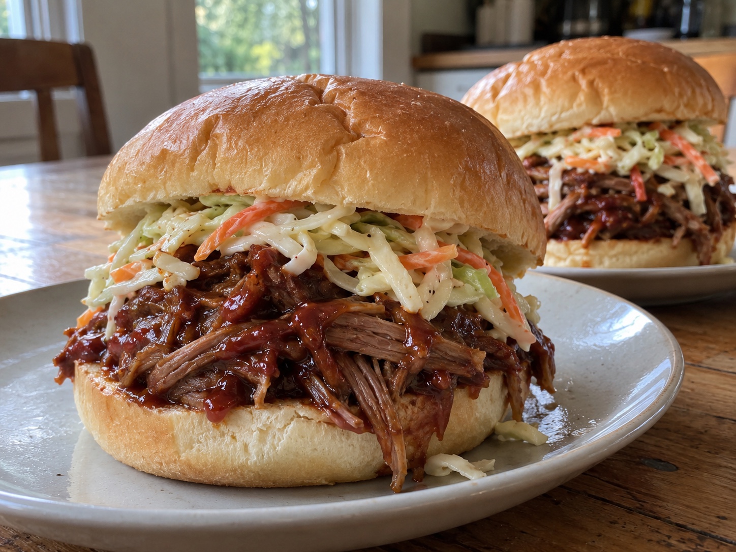 Chuck roast cooked until easy to shred, mixed with homemade barbecue sauce and piled onto buns with coleslaw.