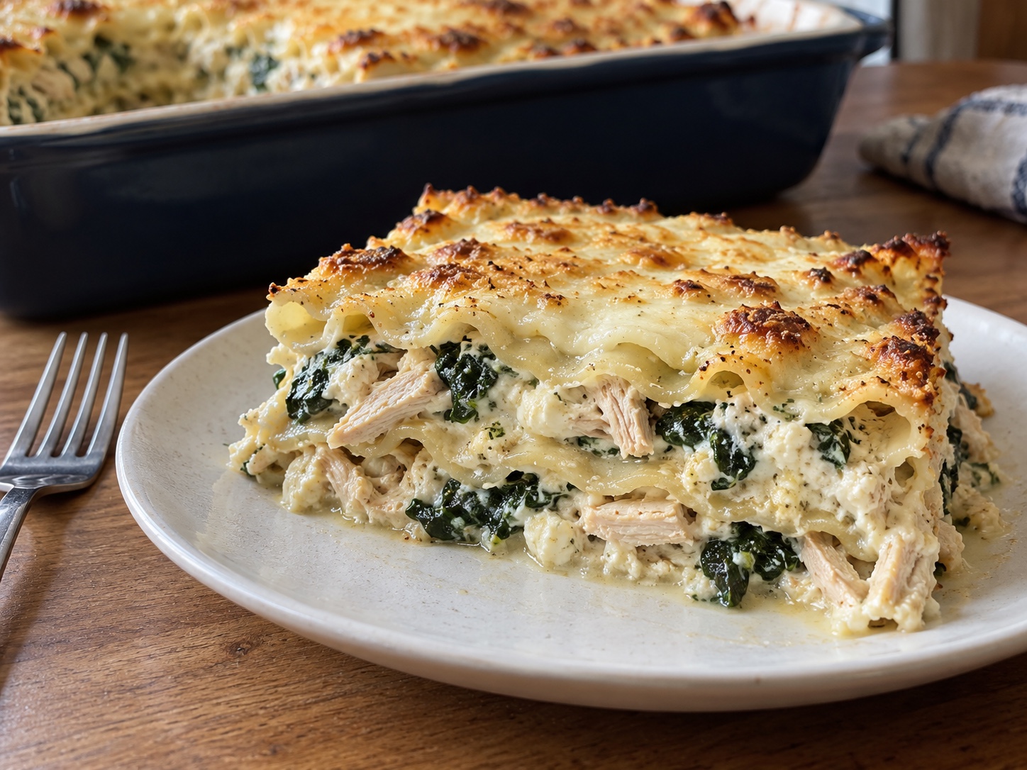 Shredded chicken, spinach and ricotta layered with lasagna noodles and a homemade white sauce, finished with mozzarella.