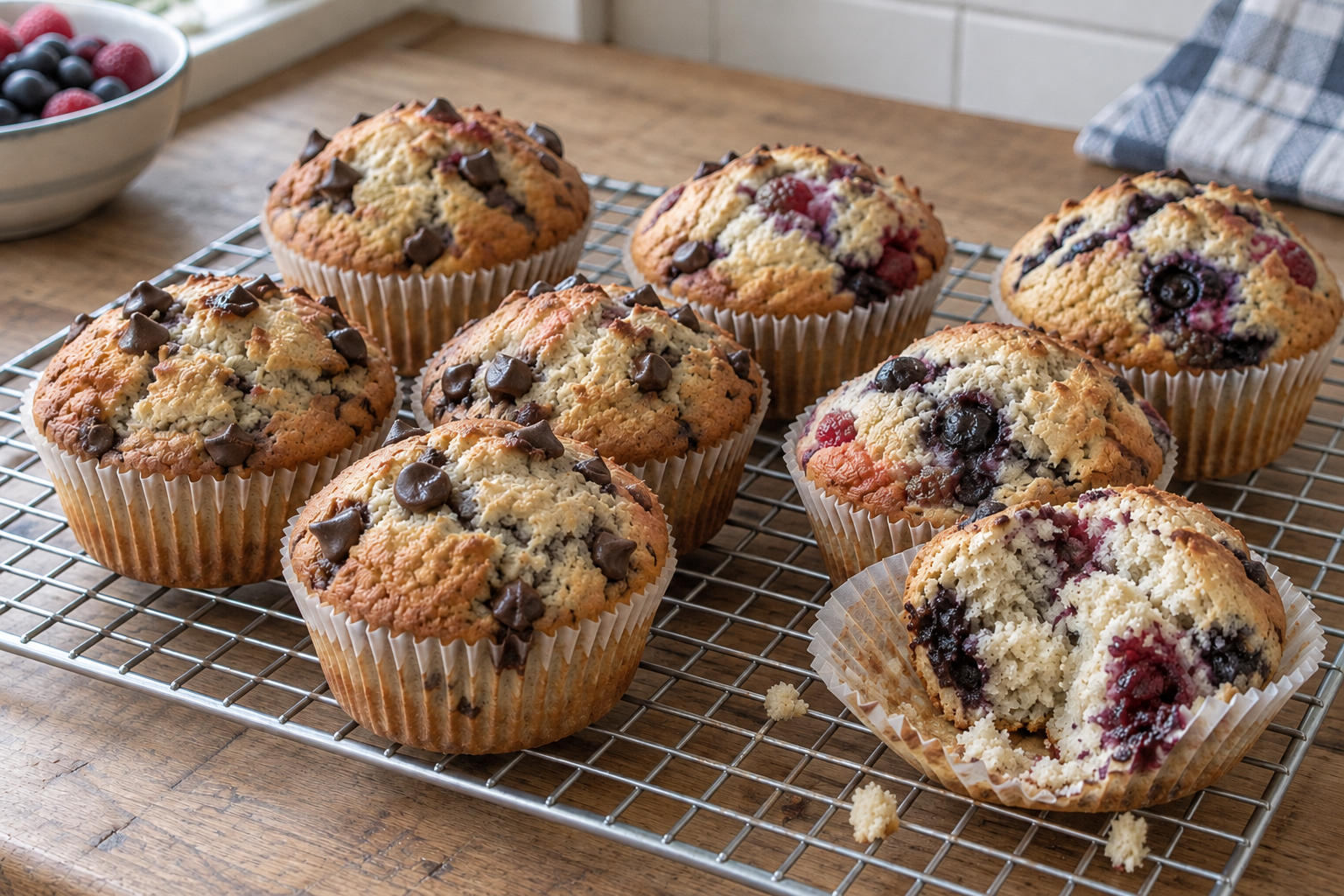 One big muffin batter, two easy flavors: chocolate chip and mixed berry, with enough to put some away for later.
