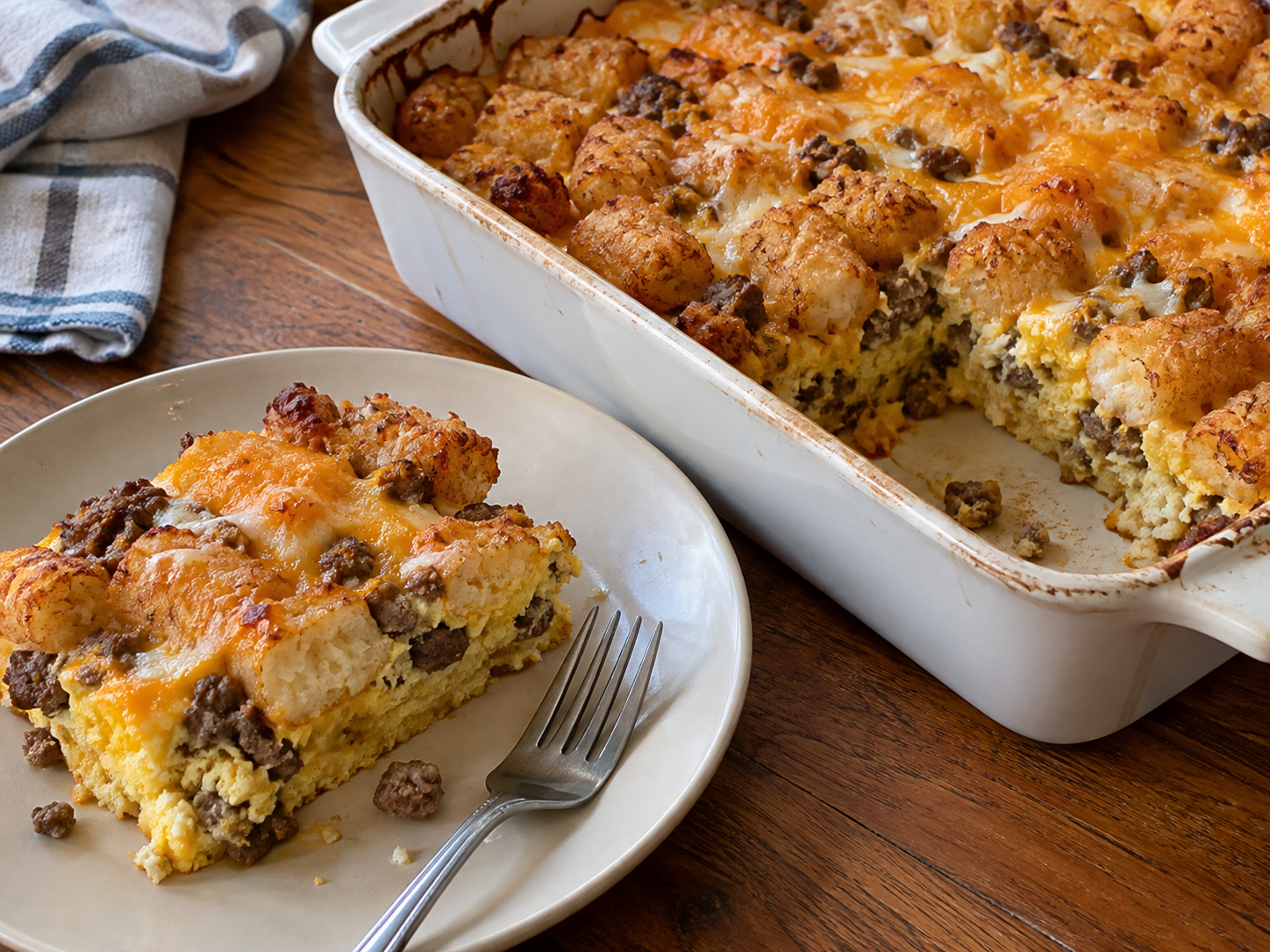 Tater tots, eggs, sour cream, and two cheeses baked with cooked ground beef or leftover meatloaf. A practical way to turn cooked meat into another meal.