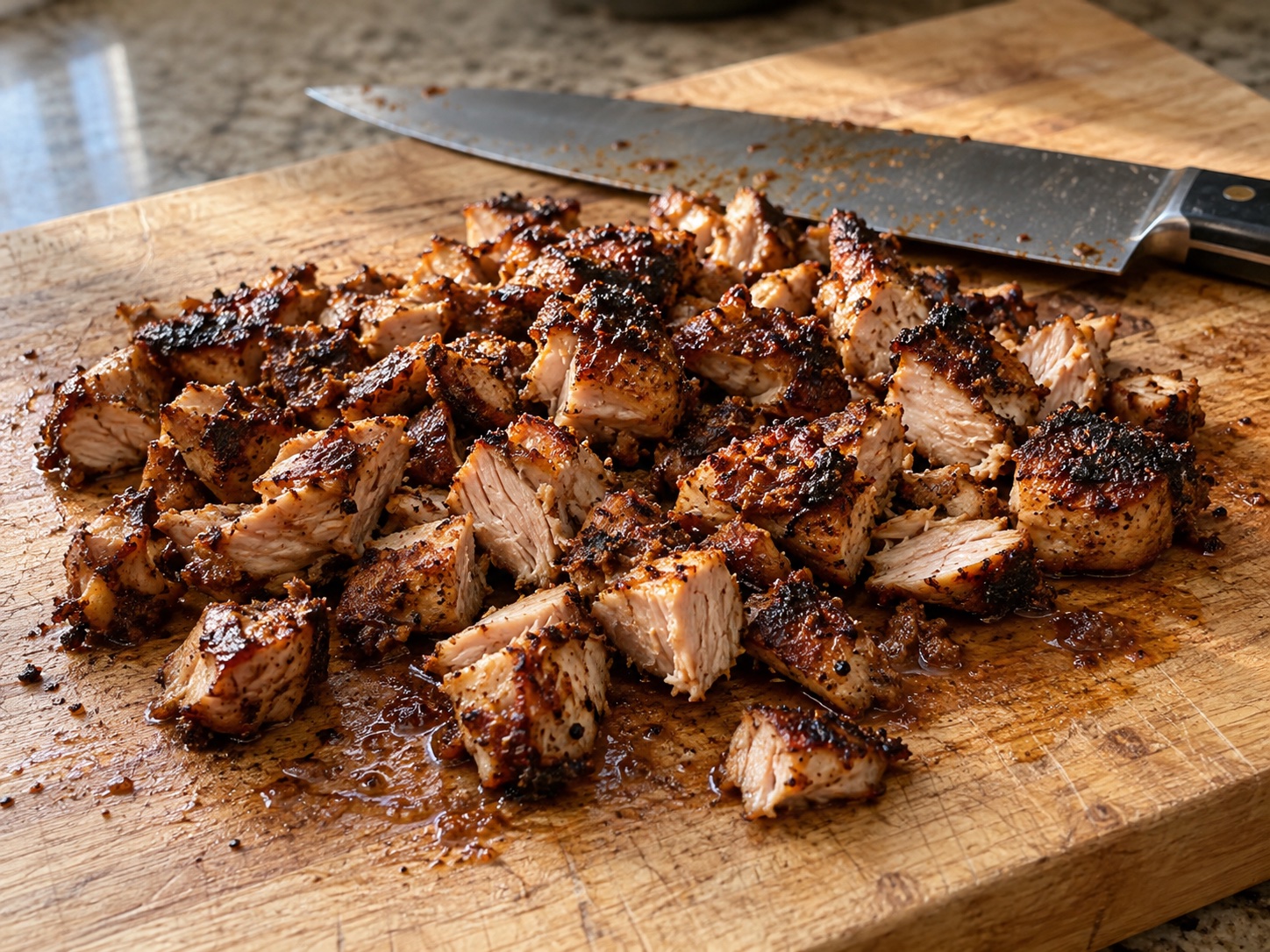 Chicken marinated with adobo, ancho chile, garlic and lime, then cooked until browned and chopped for tacos, rice bowls or meal prep. Makes a full four-pound batch.