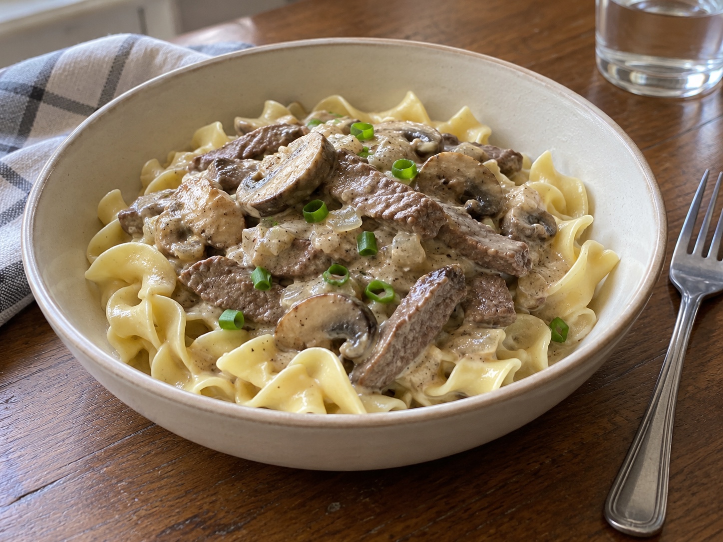 Thin sirloin strips and browned mushrooms in a creamy stroganoff sauce, served over egg noodles. A quick skillet version with a sour cream finish.