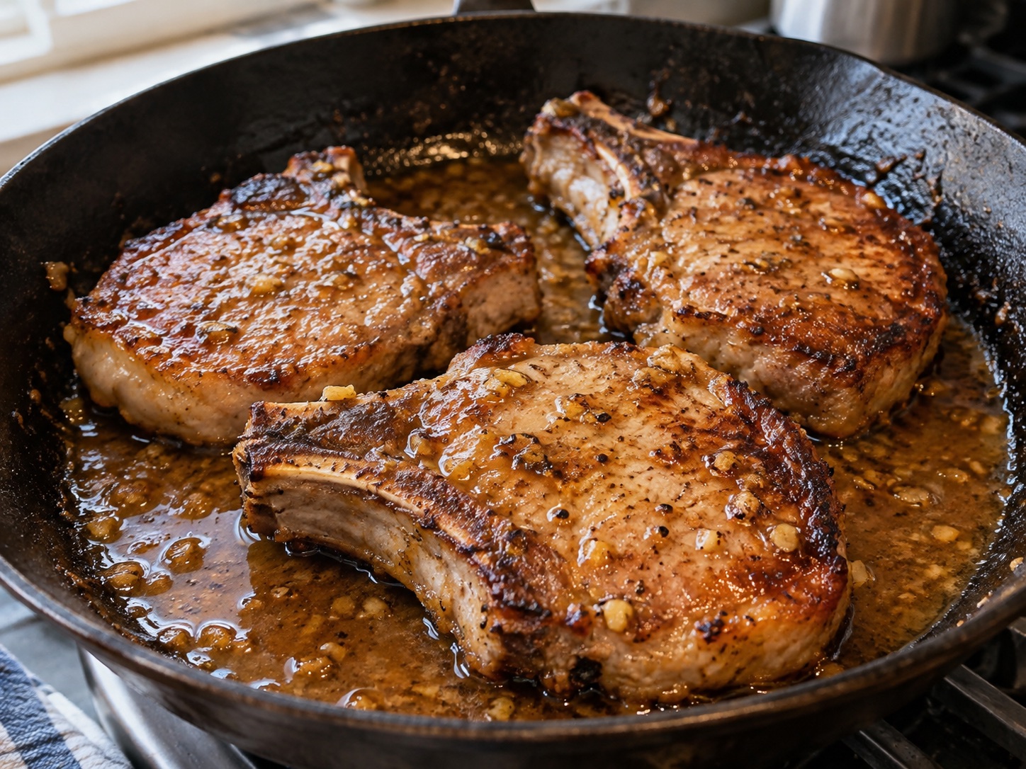 Bone-in pork chops with an orange, honey, and ginger glaze. Brown them in batches, then finish in the oven for a meal that serves 12.
