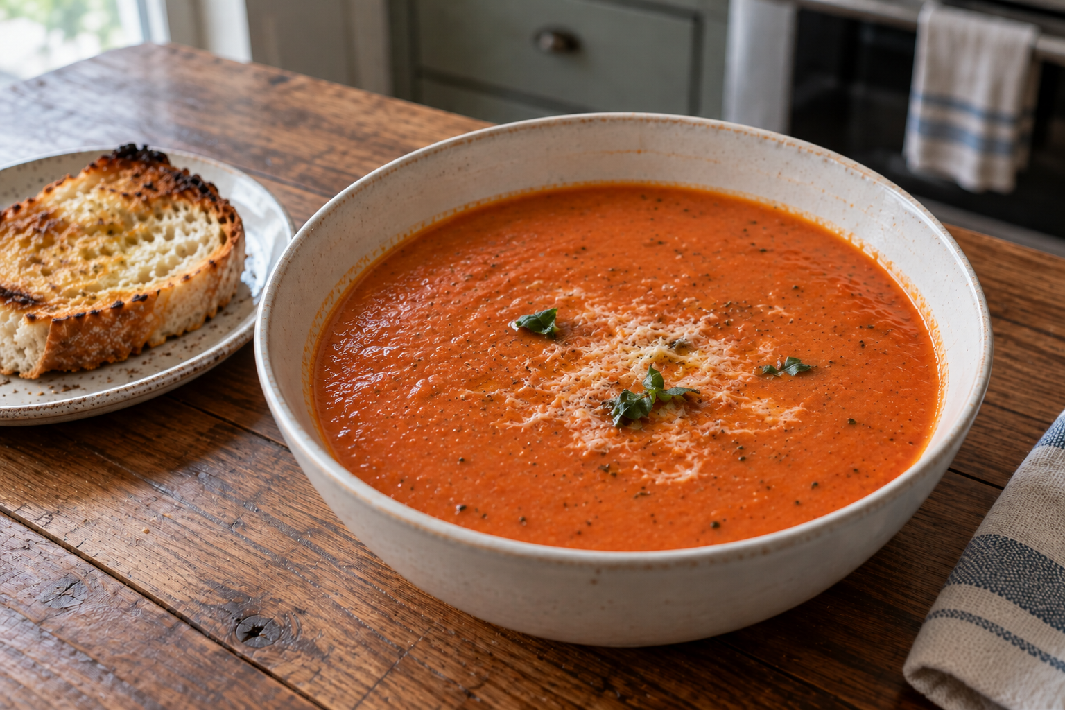 A smaller pot of tomato basil soup made with tomato sauce, vegetables, milk, and Parmesan, with the larger batch easy to double.