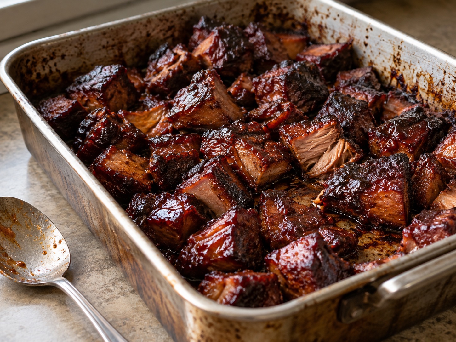 Smoked pork shoulder cubes finished in a sticky glaze with homemade barbecue seasoning, BBQ sauce, butter, and brown sugar. A batch for a full table.