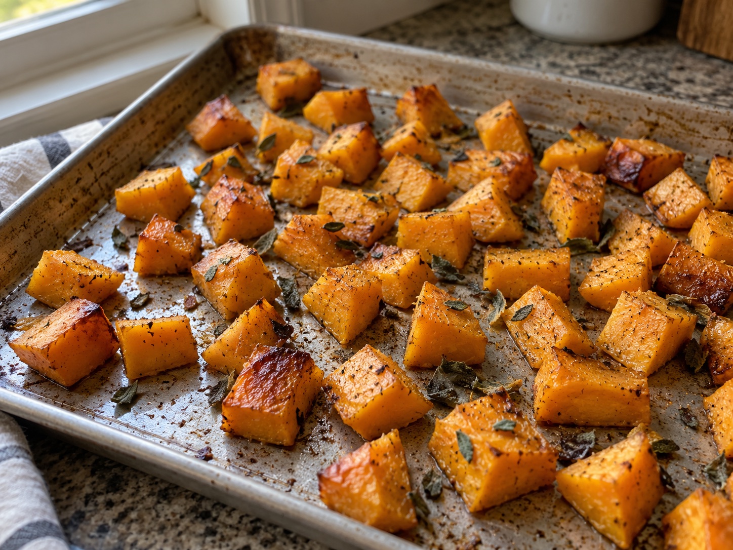 Butternut squash roasted with maple syrup, garlic, and fresh sage. A generous vegetable side with tender centers and browned edges.