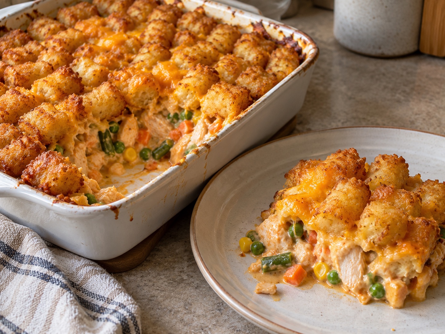 Buffalo chicken and mixed vegetables in a creamy ranch filling, topped with Cheddar and crisp tater tots. Start the tots first so they hold up over the filling.