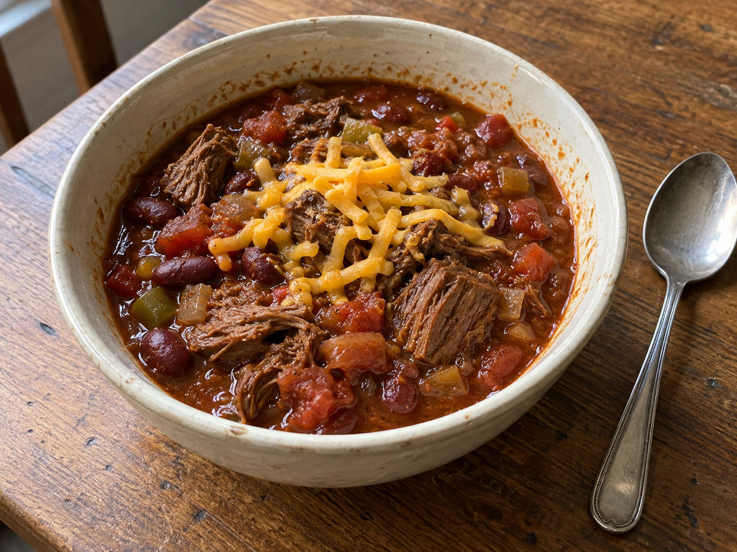 Chuck roast, kidney beans, and tomatoes cook into a thick chili with tender shreds of beef. Brown the roast first, then let the slow cooker finish the job.