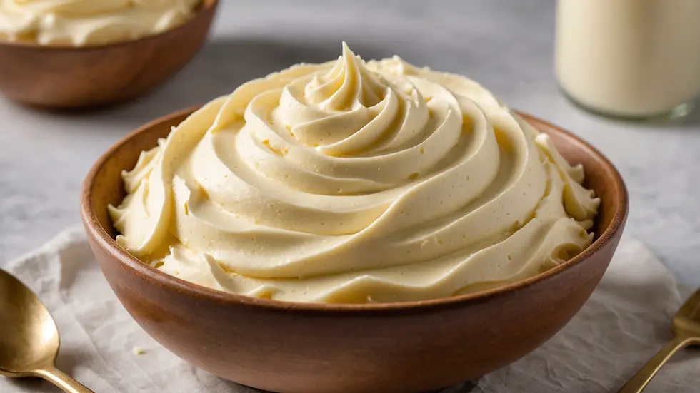 Close-up view of a bowl filled with white chocolate frosting