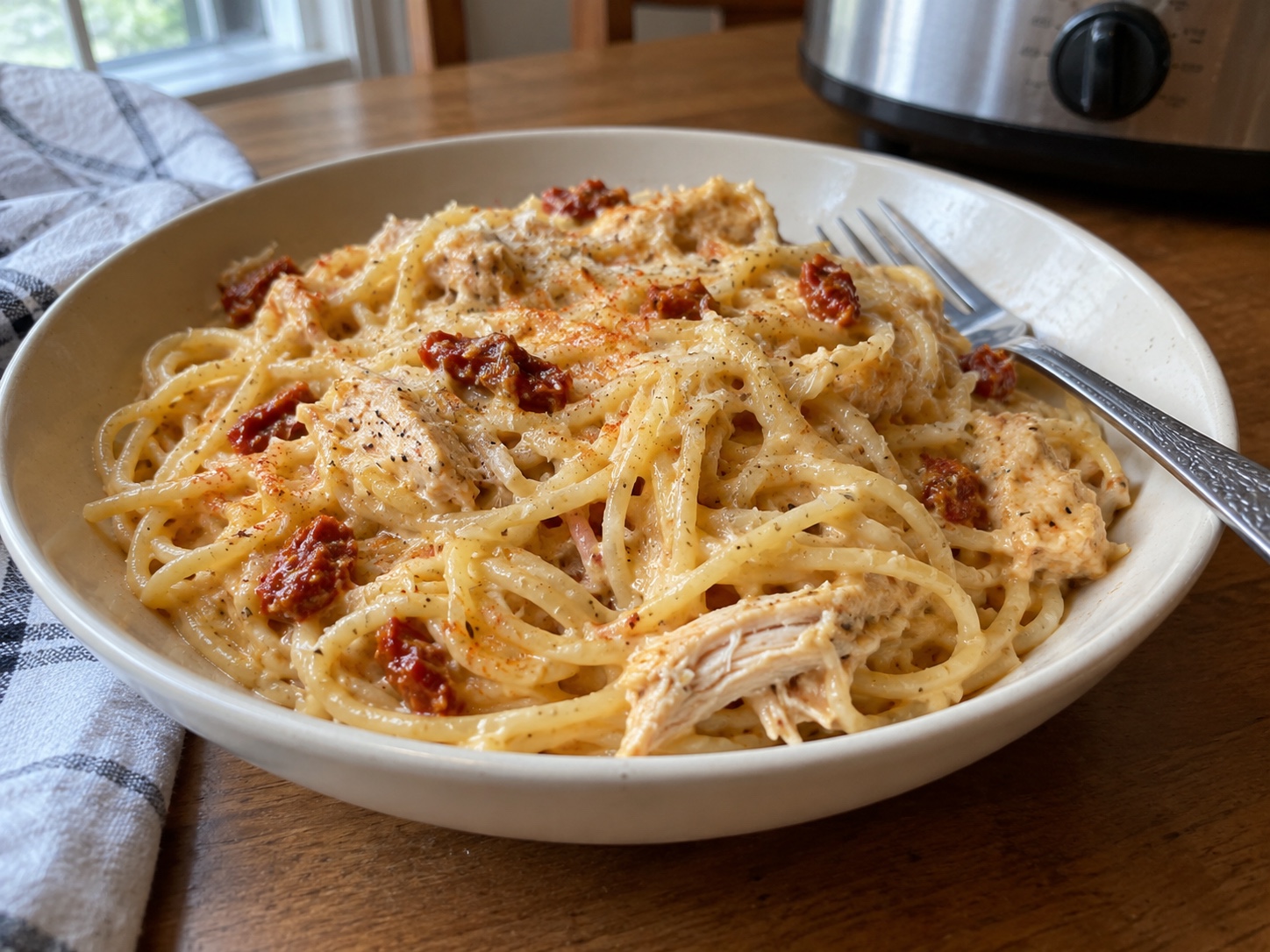 Slow-cooked chicken with sun-dried tomatoes, garlic and Italian herbs, tossed with spaghetti, homemade Alfredo, mozzarella and Parmesan.