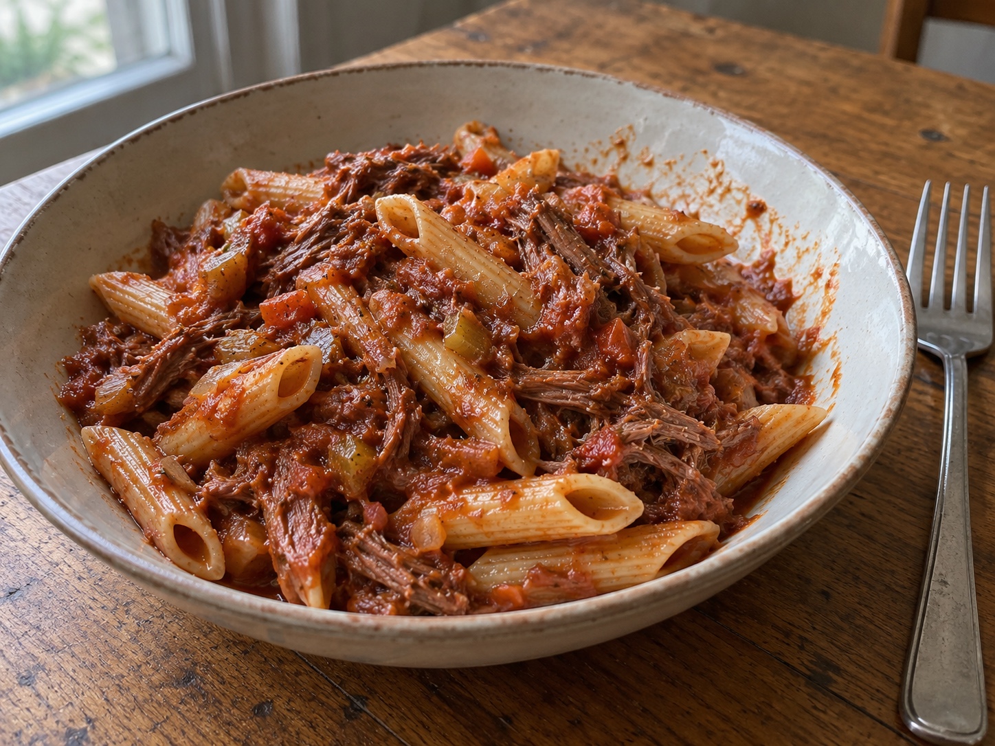 Chuck roast slowly braised with tomatoes, carrots, celery and thyme, then shredded and tossed with penne.