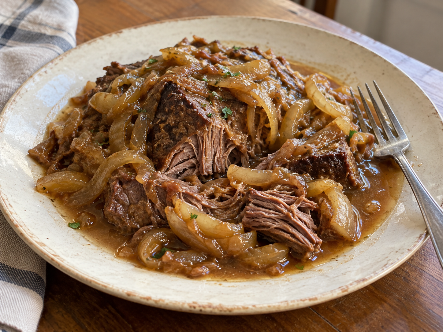 Chuck roast braised with sliced onions, beef broth, herbs, and soy sauce, then pulled apart and served with the onion gravy.