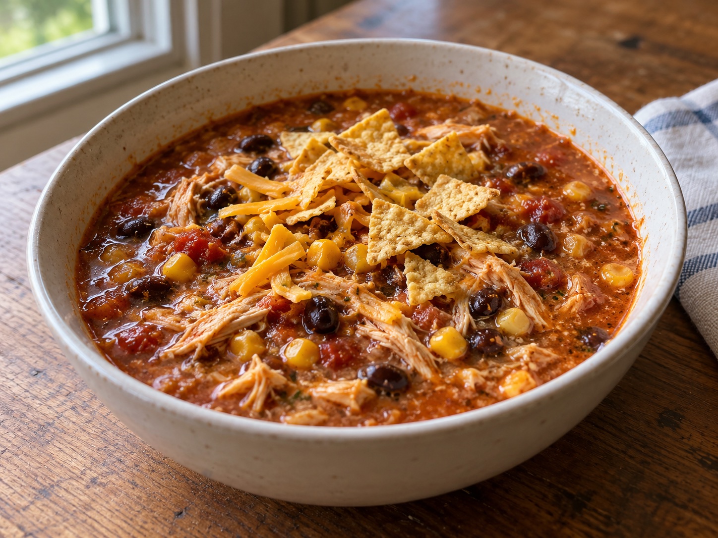A big pot of chicken tortilla soup with black beans, corn, and a tomato broth thickened with sweet potato. Riced cauliflower cooks into the soup, and everyone can add their own toppings.