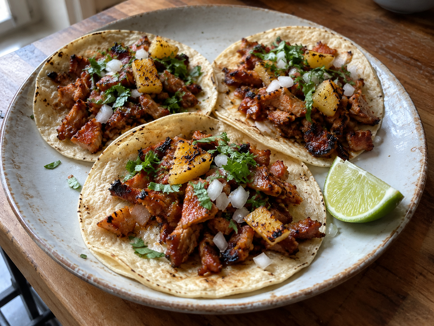 Thin slices of pork shoulder in a guajillo-chile marinade, served with pineapple, onion, cilantro, and lime. Cook the pork on the grill or in a hot skillet.