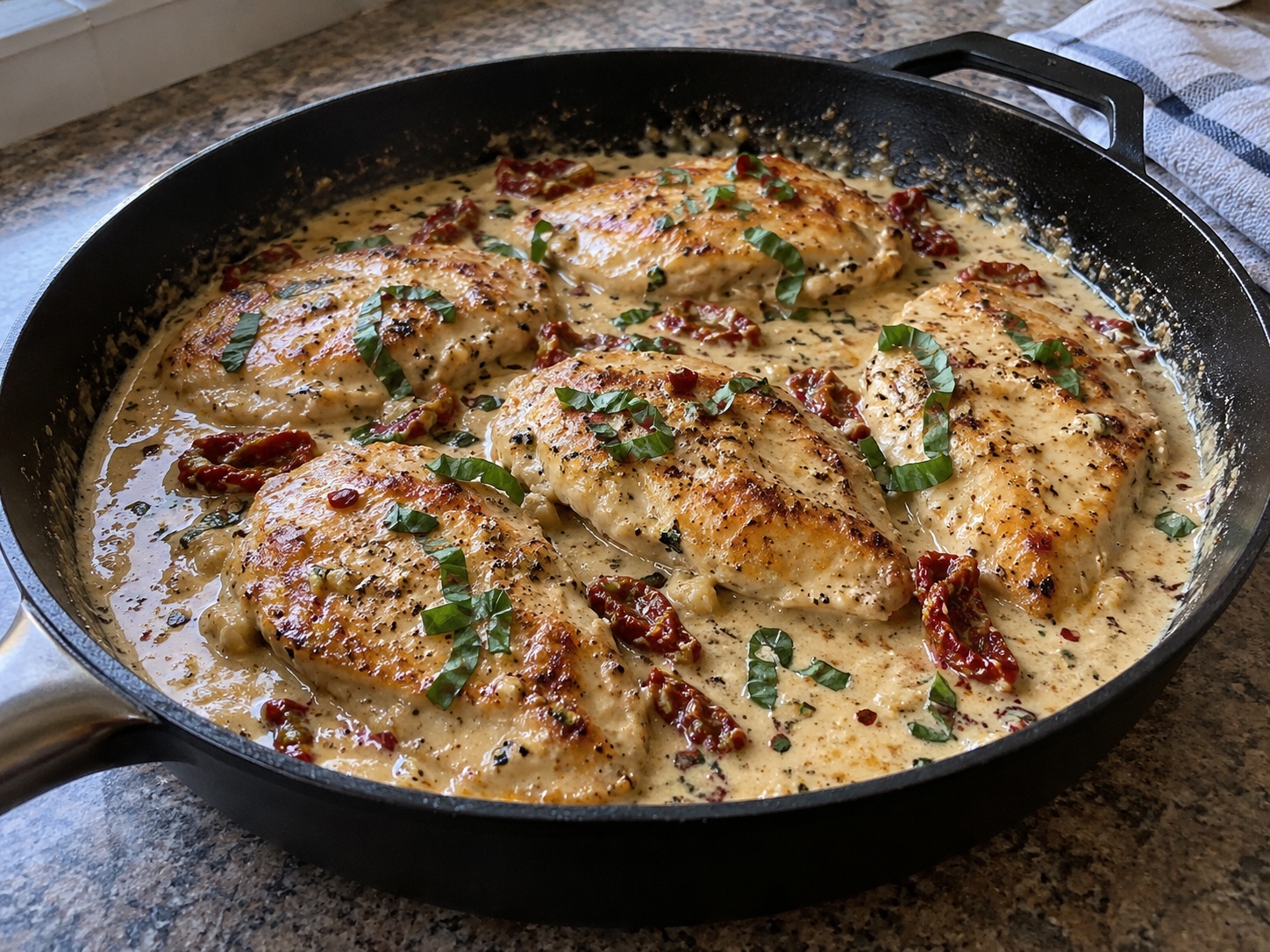 Thin chicken cutlets in a creamy Parmesan sauce with sun-dried tomatoes, garlic, herbs, and a little chili heat.
