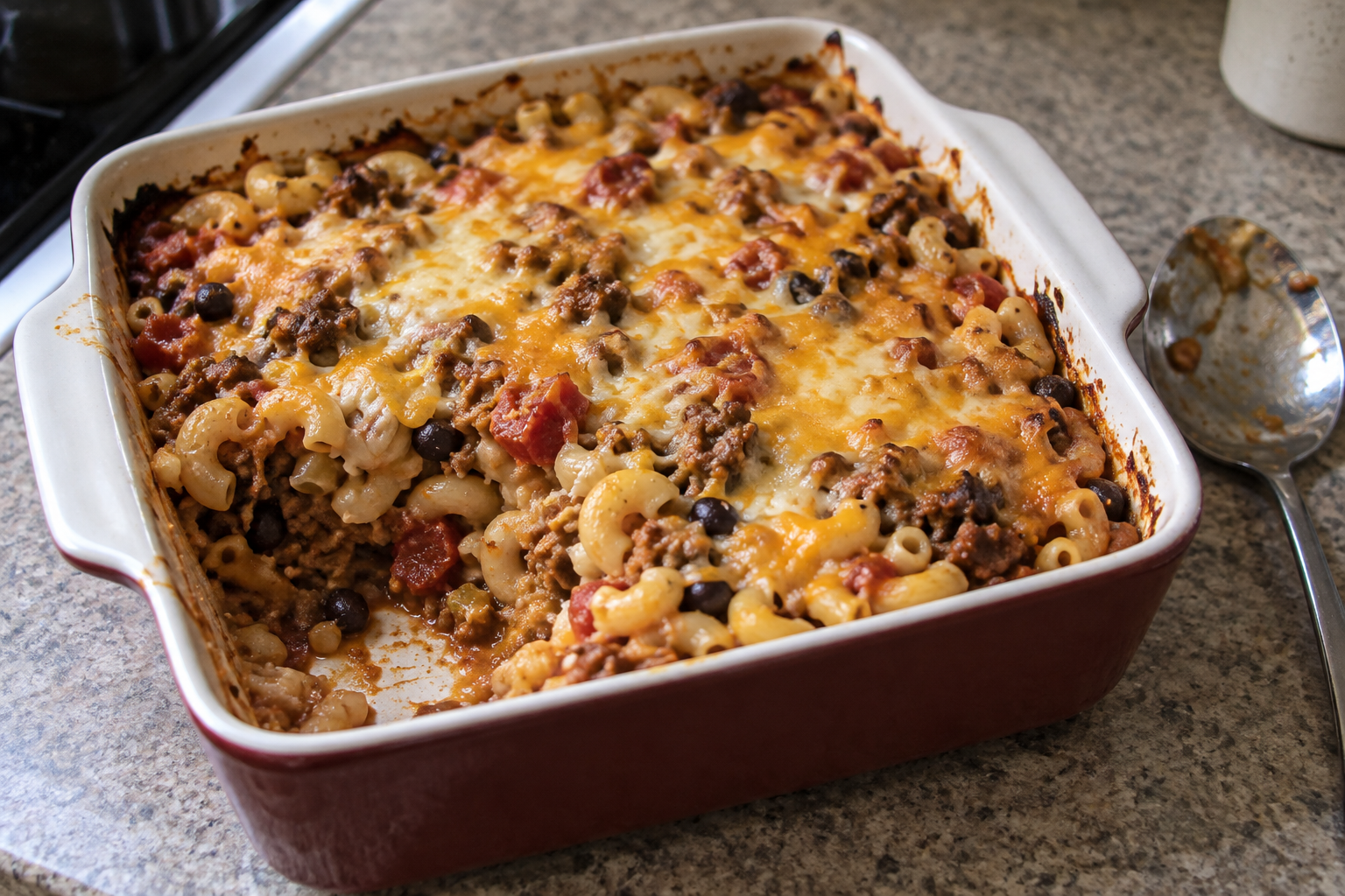 A beef-and-macaroni bake with black beans, green chiles, and Cheddar Jack. This batch fills two dishes, so there is another meal to put away.