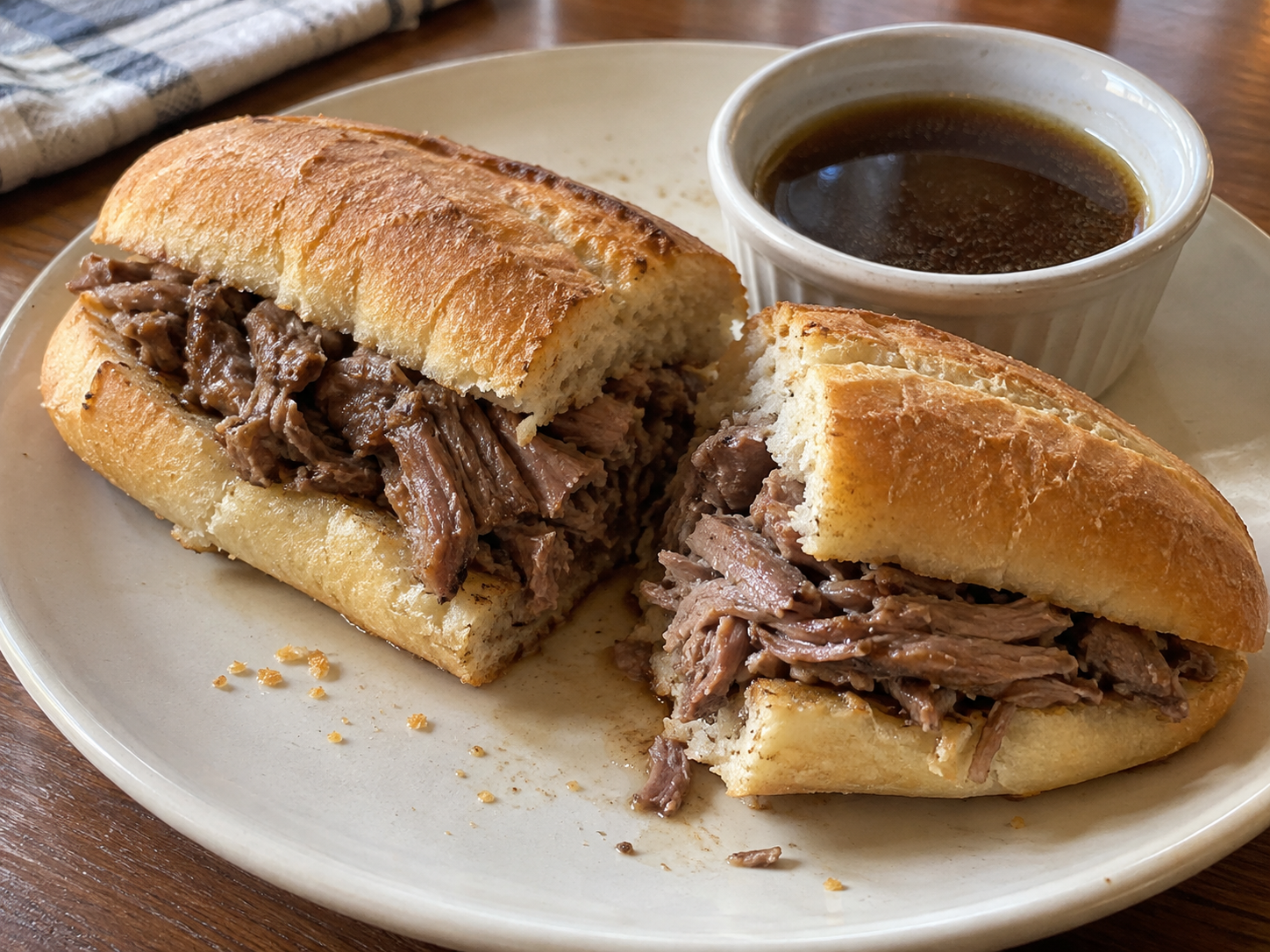 Shredded roast beef on rolls with warm dipping juices, using HKT homemade beef au jus powder or Lipton onion soup mix.