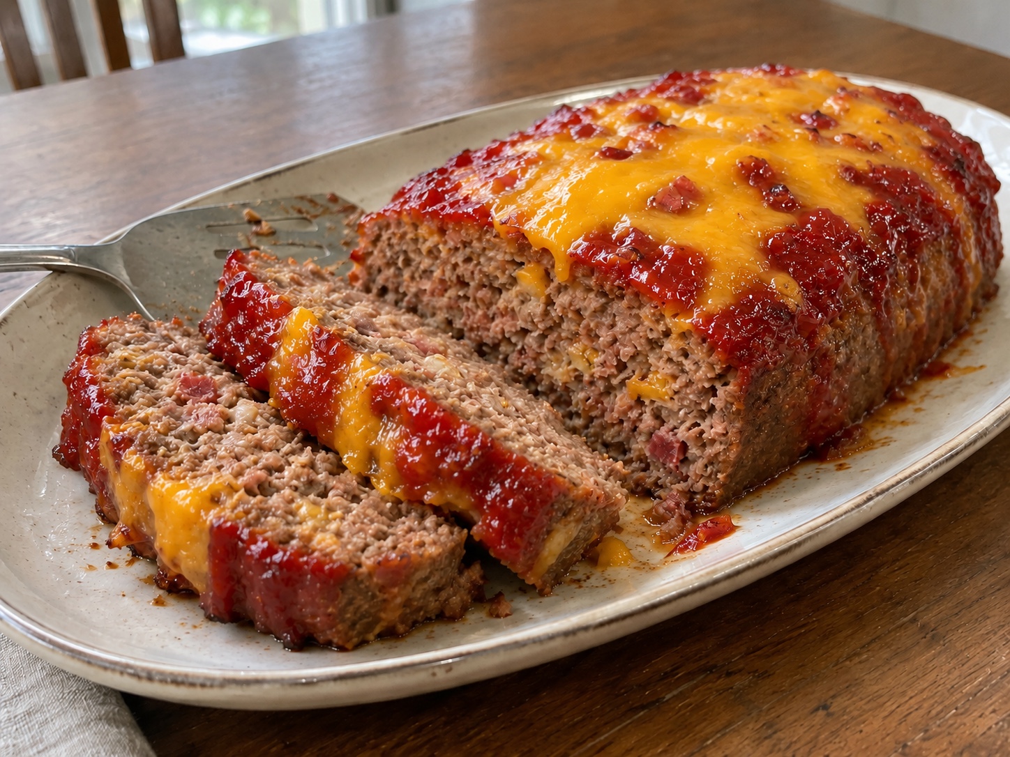 A slow-cooker meatloaf with ground beef, cooked bacon, Cheddar and a ketchup glaze. Slice it after a short rest so it holds together.