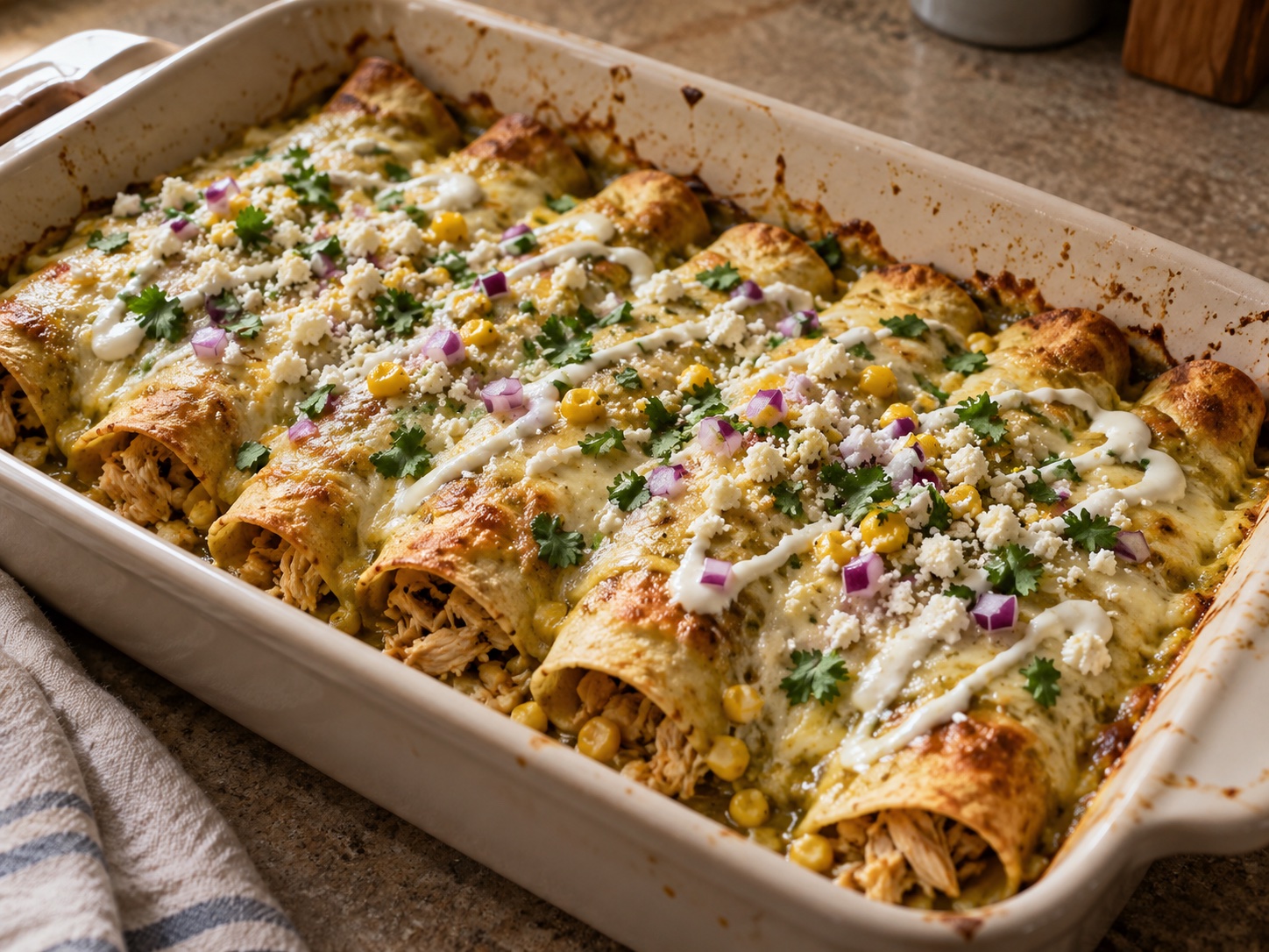 Chicken and roasted corn rolled into tortillas with a creamy lime-and-chile sauce, baked with green enchilada sauce and pepper Jack.