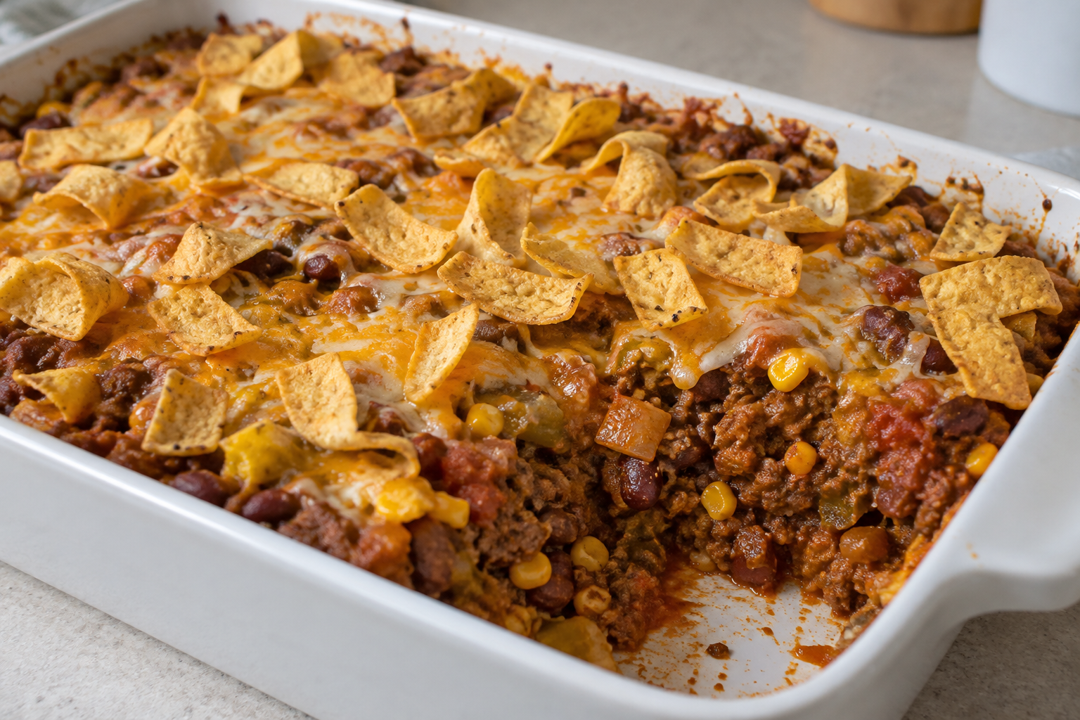 Beef, beans, salsa, and cheese baked over corn chips, with a handful of chips saved for the top so every serving gets some crunch.