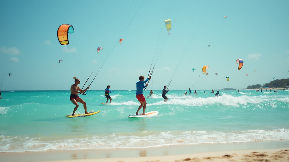 Eye-level view of a kite surfing school on a sunny beach with clear blue water