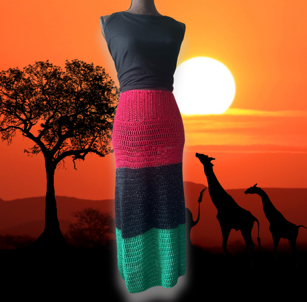 Crochet Maxi Skirt Red + Black + Green