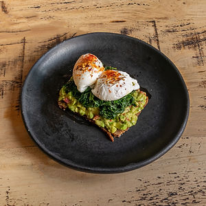 AVOCADO ON RYE WITH STEAMED BABY SPINACH & ORGANIC POACHED EGGS