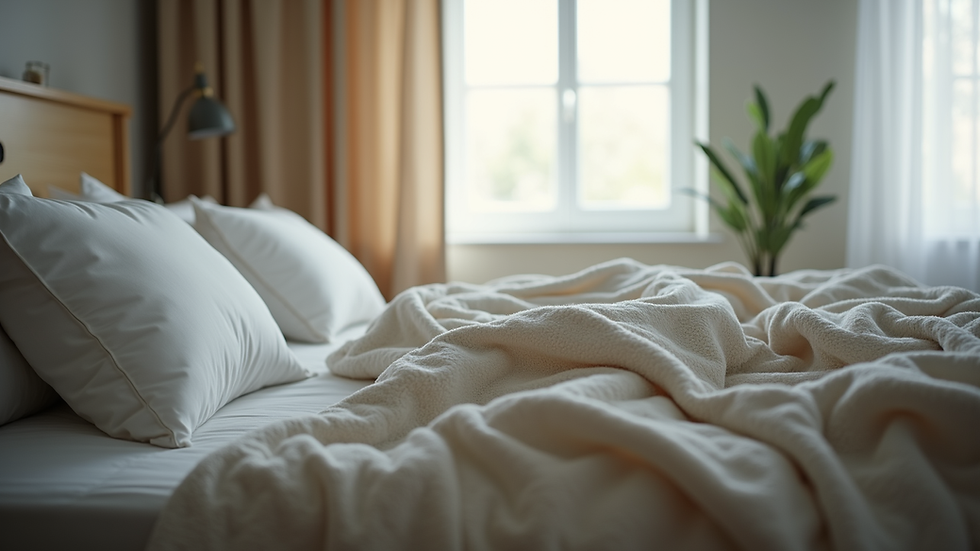 Close-up of a weighted blanket draped over a bed in a softly lit room