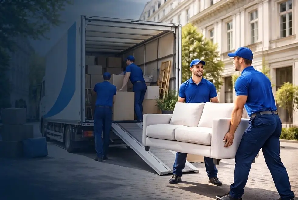 Commercial photo of movers carrying a sofa and boxes from a large truck. They are working professionally to move belongings.