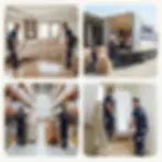 Commercial photography showing professional movers handling furniture and boxes during a relocation. The images depict efficient service across various stages, from homes to truck loading and warehouse operations.