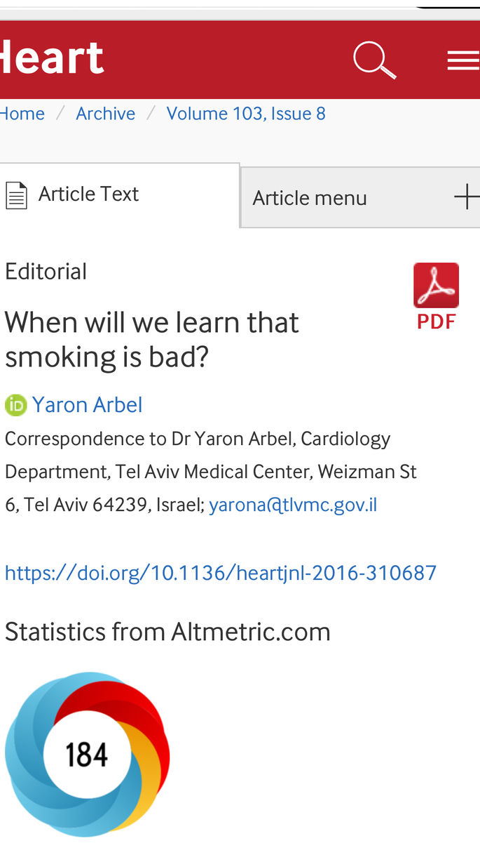 מאמר של פרופ' ארבל בנושא עישון, בירחון הרפואי BMJ Heart