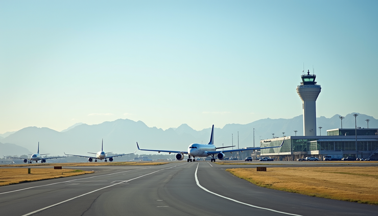 Eye-level view of Christchurch International Airport terminal with planes on the runway