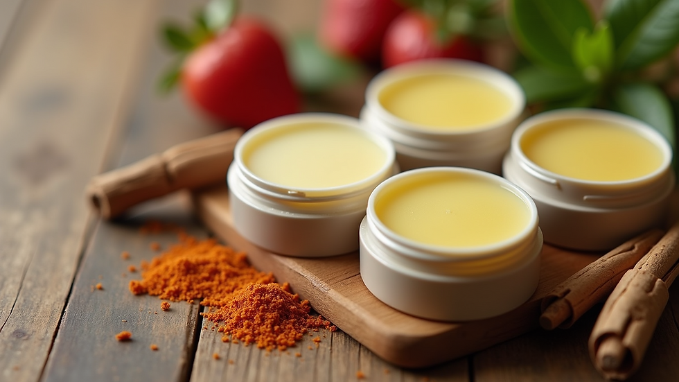 Close-up view of homemade lip balm in small round containers with natural ingredients around