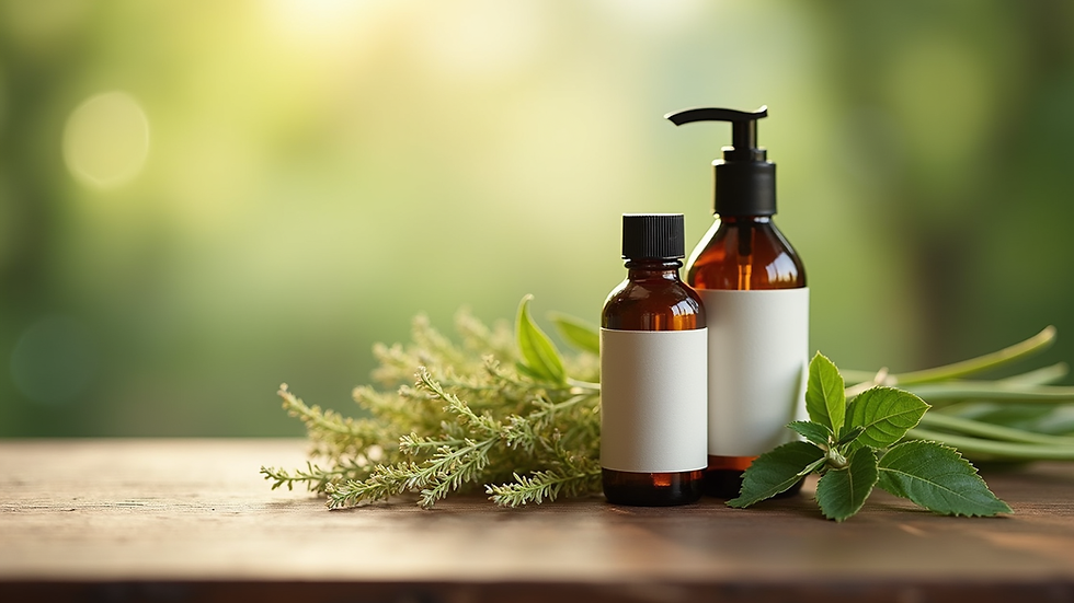 Close-up view of herbal personal care products on a wooden surface