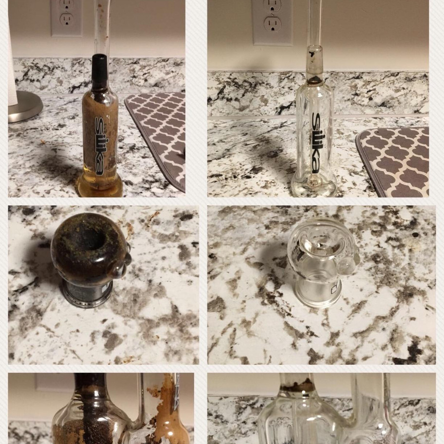 Before and after cleaning glass pipe and water pipe using Formula 710 Advanced Cleaner showing removal of heavy residue build