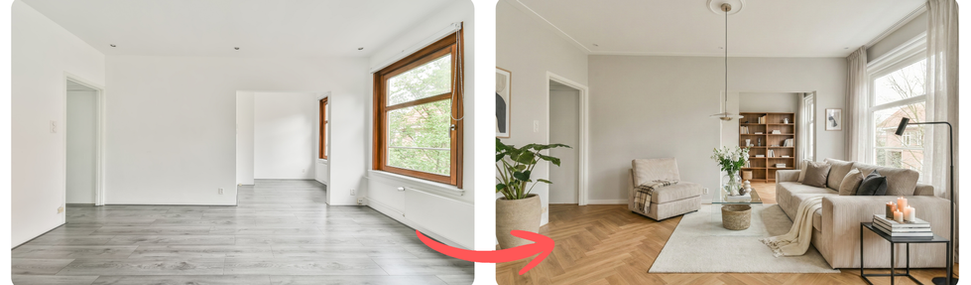 Lege woonkamer versus artist impression door The Ivory Home