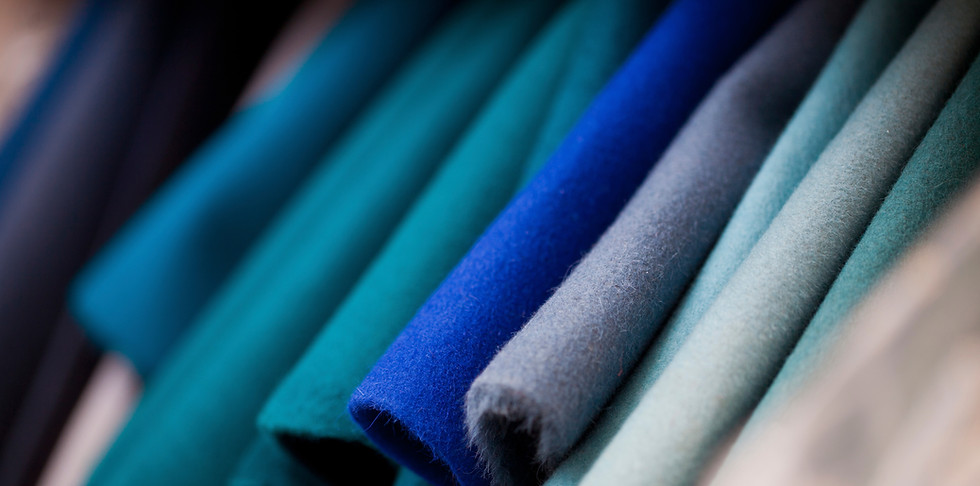 mix of blue, green and grey fabrics by Plus 39 textile manufacturer