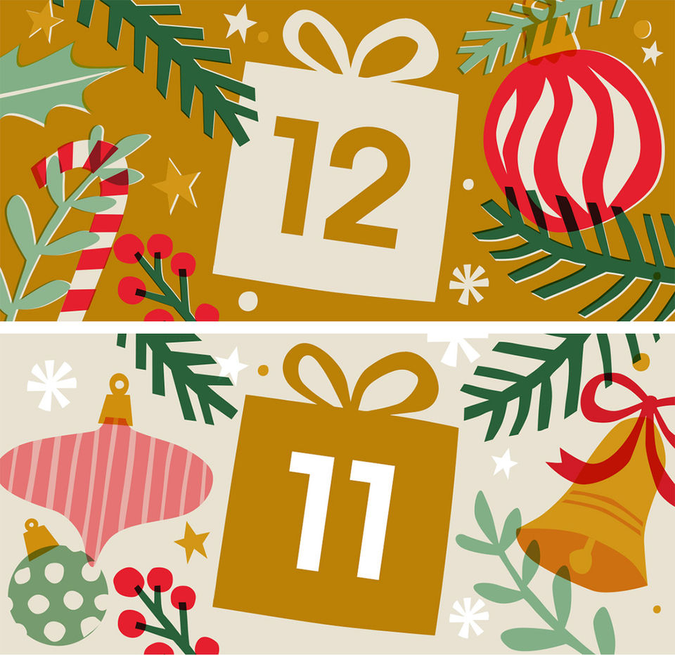 Day 11 and 12. Christmas advent campaign for Boundless, 2025. Hand crafted illustrations by Rachael Horner. Warm colour palette with gold, red, pink and green, featuring baubles, stockings, holly, candy canes and berries.