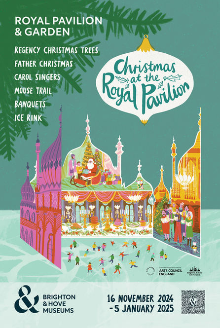 Christmas at The Royal Pavilion, part of Brighton & Hove Museums. Hand drawn and cut out in the style of a dolls house, with bold colours and festive themes.