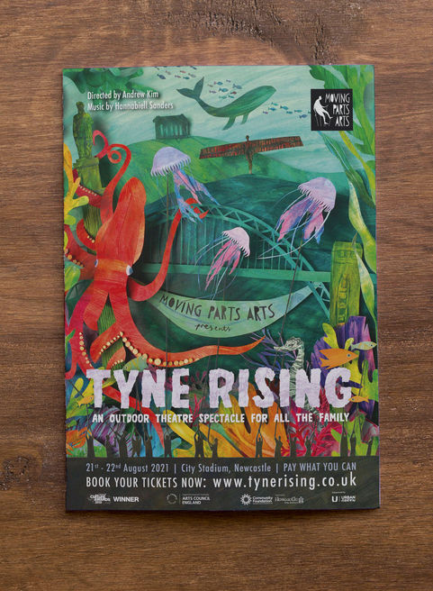 Leaflet design for 'Tyne Rising'. An immersive puppet theatre production for Moving Parts – Newcastle Puppetry Festival 2021. Under the sea themed, climate change, Newcastle. Rachael Horner Illustration & Graphic Design.