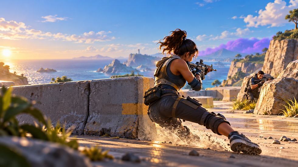 Fortnite Zero Build player sliding from cover while keeping aim on an opponent.