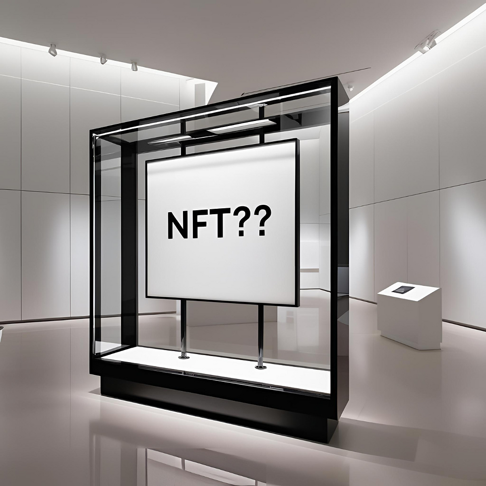 Framed digital artifact labeled as an NFT displayed in a museum, symbolizing the intersection of blockchain and cultural heritage.