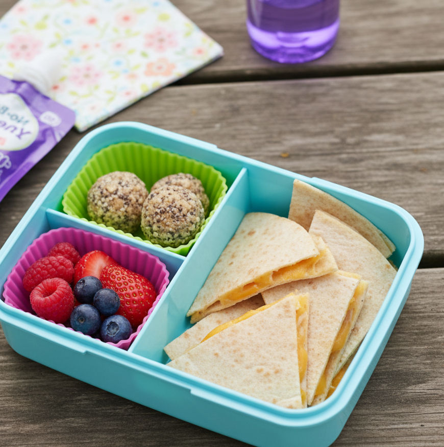 Chicken quesadilla and cheese, protein balls, berries and yogurt 