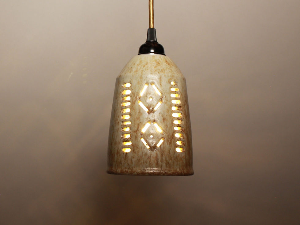 Thumbnail: beige speckled matte X brass color cord hanging lamp