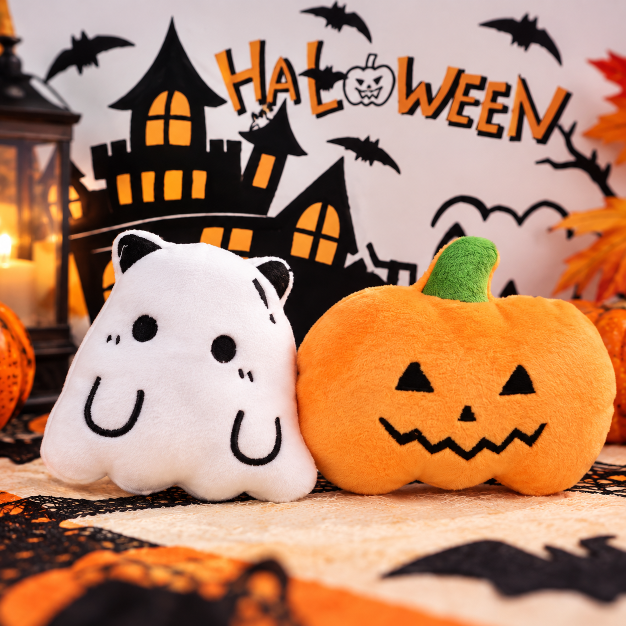 Halloween Dog Plush Toy – Squeaky Ghost & Pumpkin for Small Dogs