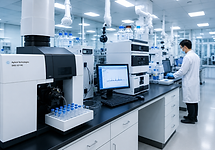 Illustrative analytical laboratory with instruments and a scientist