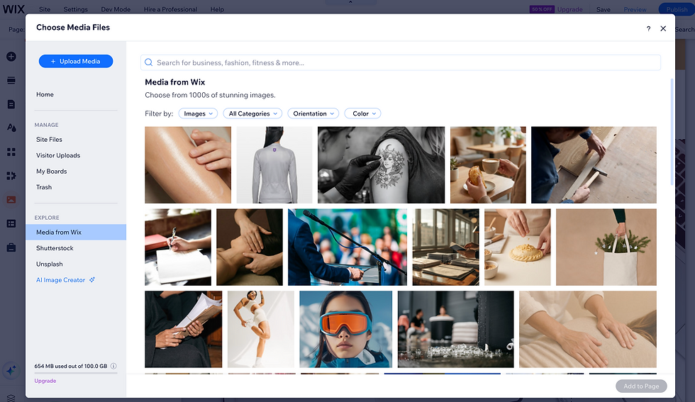 A view of the Wix Media Manager with available stock photo options.