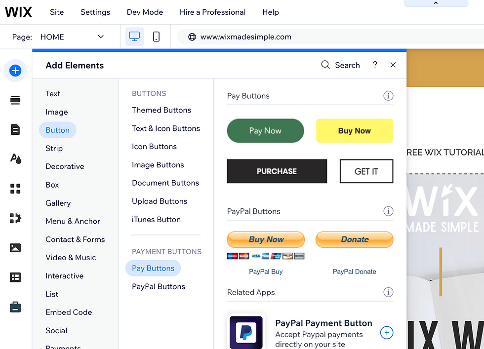 Overview of where to find Wix Payment Buttons in the Editor