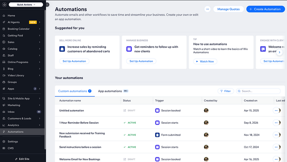 Where to find Automations in the Wix Dashboard