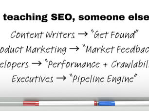Teaching SEO whiteboard: content writers “get found,” product “market feedback,” developers “performance + crawlability,” executives “pipeline engine.”
